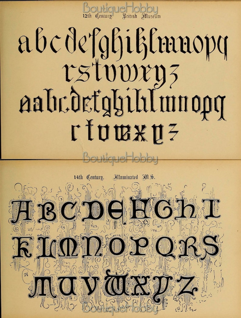 May include: Two pages from a book showing examples of different fonts. The first page shows two examples of the letter 'a' in black ink on a cream-coloured background. The second page shows a full alphabet in black ink on a cream-coloured background with a decorative pattern.