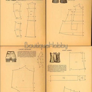 May include: Vintage sewing patterns for girls' and ladies' clothing. The patterns include a girls' dress, a ladies' drawer, a misses' cloak, and a girls' apron. The patterns are printed on paper and include detailed instructions and measurements.