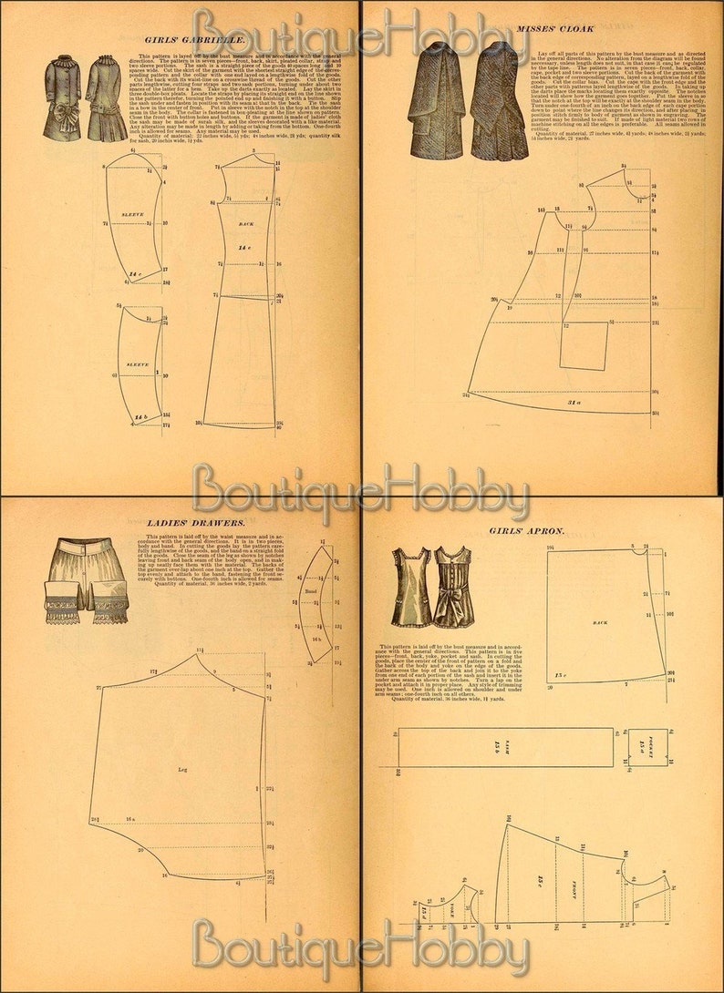 May include: Vintage sewing patterns for girls' and ladies' clothing. The patterns include a girls' dress, a ladies' drawer, a misses' cloak, and a girls' apron. The patterns are printed on paper and include detailed instructions and measurements.