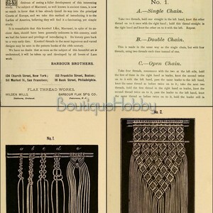 May include: A black and white illustration of a macrame knotting pattern. The illustration shows five different knots, labeled a through e. The text "No. 1" is at the top of the illustration. The text "Barbour Brothers" is at the bottom of the page, along with the company's addresses in New York, San Francisco, Boston, and Philadelphia.