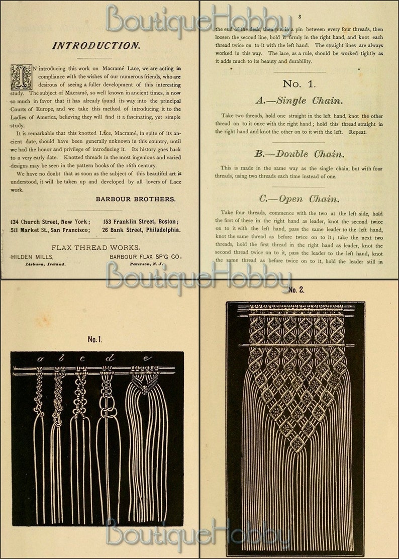 May include: A black and white illustration of a macrame knotting pattern. The illustration shows five different knots, labeled a through e. The text "No. 1" is at the top of the illustration. The text "Barbour Brothers" is at the bottom of the page, along with the company's addresses in New York, San Francisco, Boston, and Philadelphia.