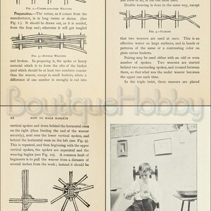 May include: A black and white illustration of a young person weaving a small basket. The image shows the steps involved in weaving a basket, including how to hold the spokes and weave the rattan.