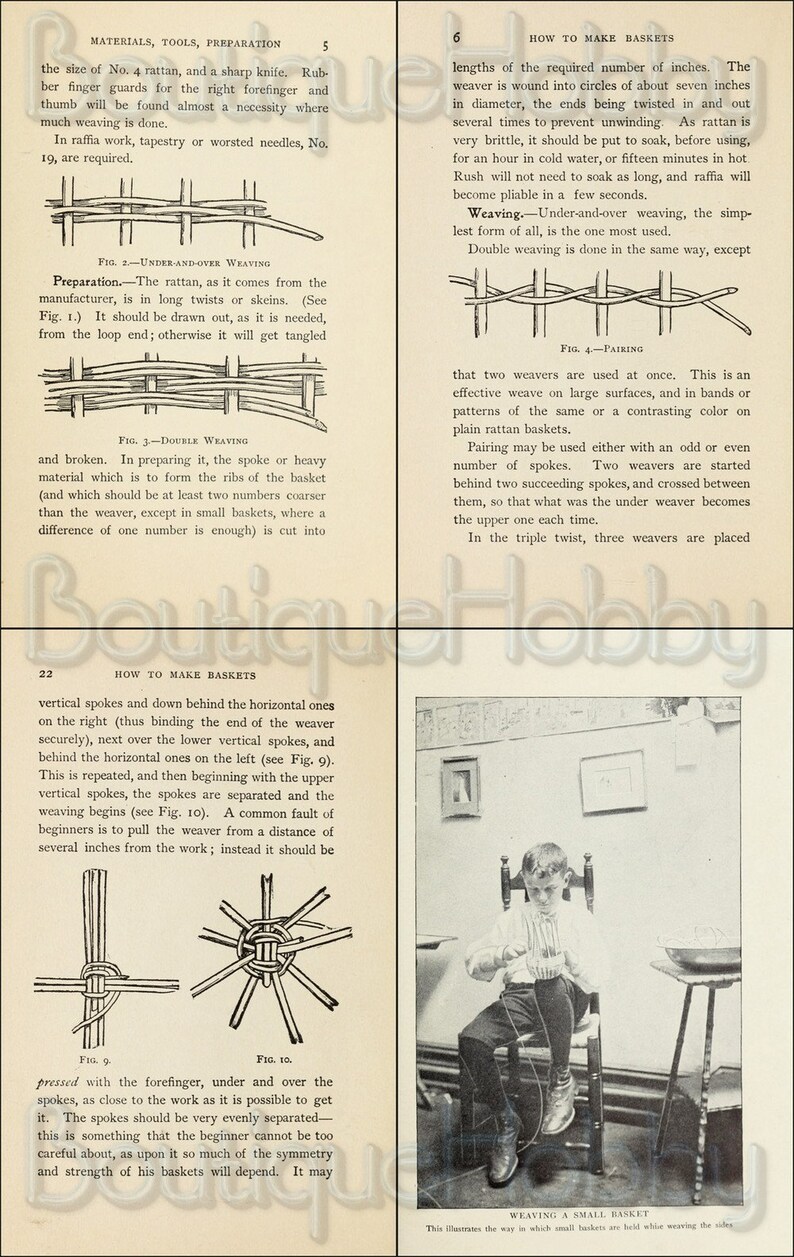 May include: A black and white illustration of a young person weaving a small basket. The image shows the steps involved in weaving a basket, including how to hold the spokes and weave the rattan.