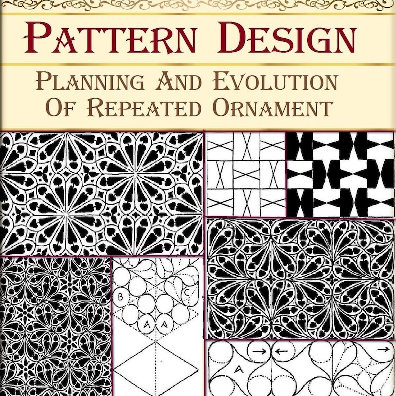 K&ouml;nnte beinhalten: Eine Schwarzwei&szlig;illustration eines Buchcovers mit dem Titel "Pattern Design: Planning and Evolution of Repeated Ornament". Das Cover zeigt mehrere geometrische Muster.
