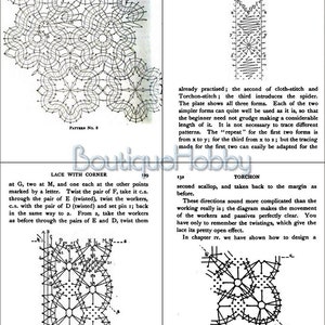 Puede incluir: Una gu&iacute;a vintage de encaje con instrucciones detalladas y diagramas para crear una inserci&oacute;n estrecha utilizando la t&eacute;cnica de Torchon, punto de aguja y ara&ntilde;a. La gu&iacute;a incluye un patr&oacute;n para un dise&ntilde;o de esquina y un primer plano de los puntos de encaje.
