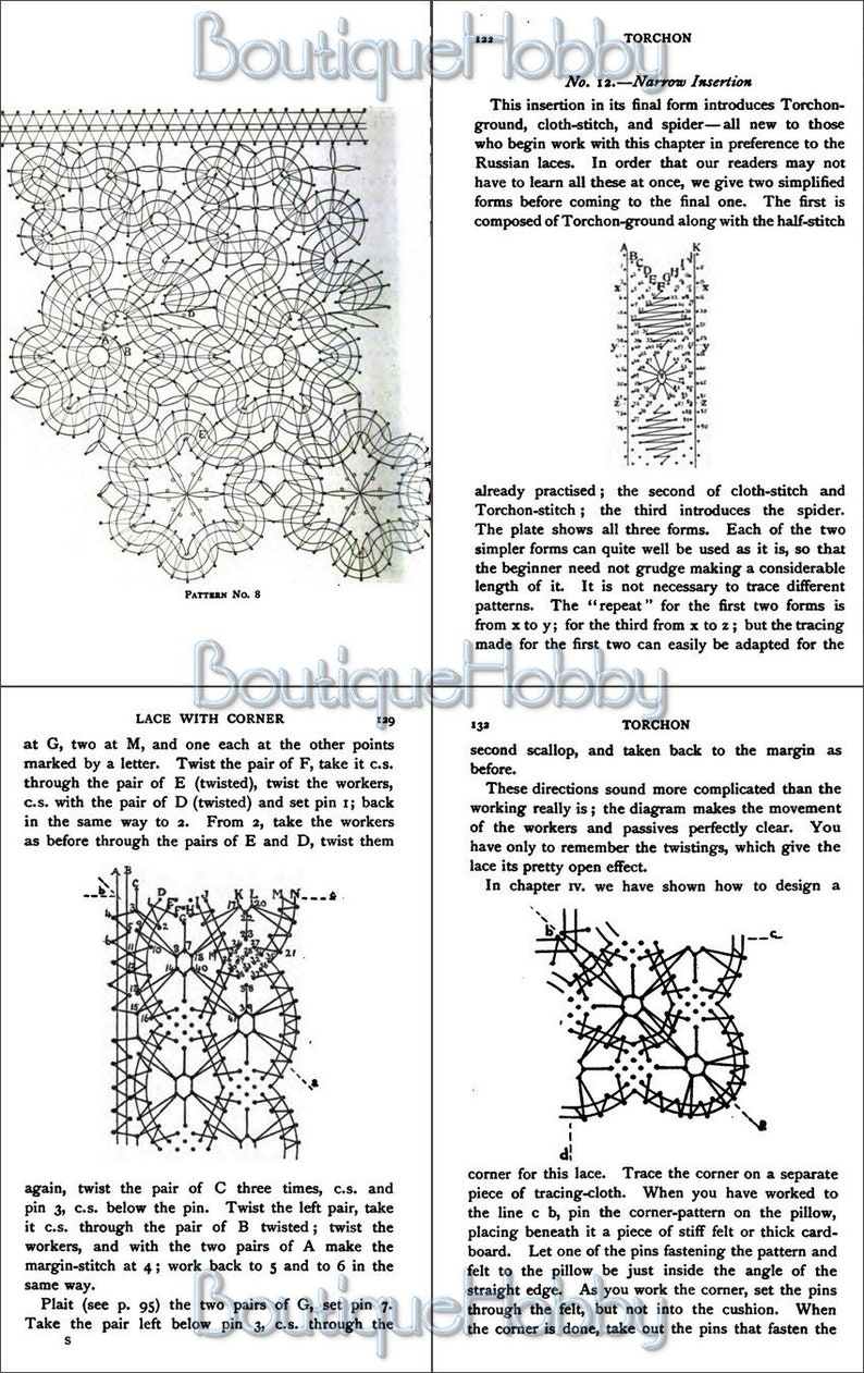 Puede incluir: Una gu&iacute;a vintage de encaje con instrucciones detalladas y diagramas para crear una inserci&oacute;n estrecha utilizando la t&eacute;cnica de Torchon, punto de aguja y ara&ntilde;a. La gu&iacute;a incluye un patr&oacute;n para un dise&ntilde;o de esquina y un primer plano de los puntos de encaje.