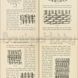 May include: A black and white illustration of different weaving techniques used to make baskets. The illustrations show how to make a stitch, how to make rows of twining, and how to make a hexagonal pattern.