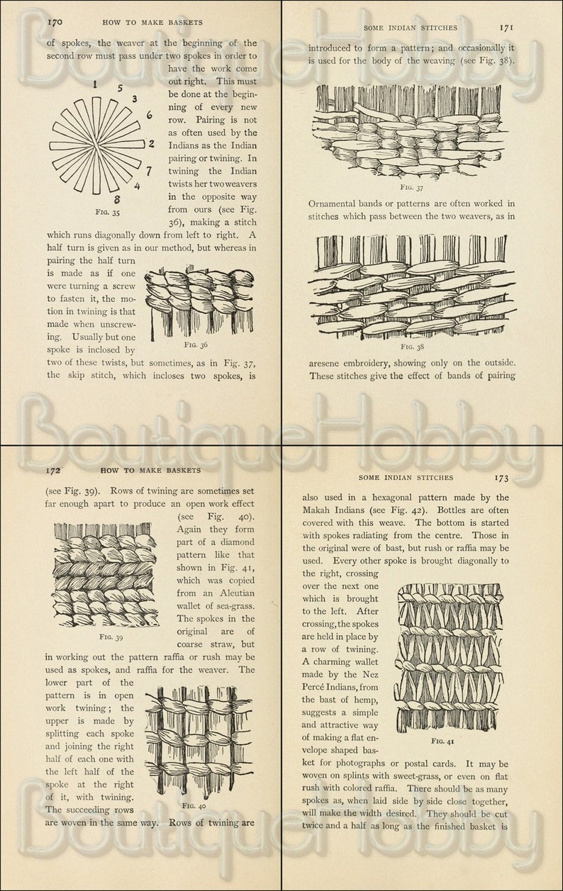 May include: A black and white illustration of different weaving techniques used to make baskets. The illustrations show how to make a stitch, how to make rows of twining, and how to make a hexagonal pattern.