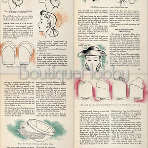 May include: A vintage guide to hat blocking, featuring illustrations of different hat shapes and blocks. The text discusses the importance of hat blocks, different types of straw, and how to block a hat.