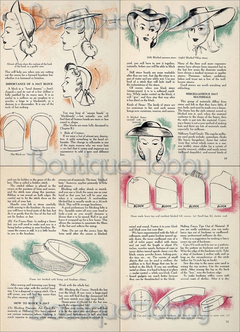 May include: A vintage guide to hat blocking, featuring illustrations of different hat shapes and blocks. The text discusses the importance of hat blocks, different types of straw, and how to block a hat.