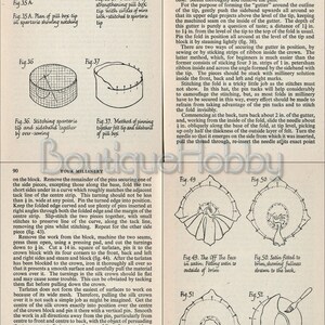 May include: Vintage millinery guide page with diagrams illustrating the construction of a pillbox hat. Includes diagrams for stitching, pinning, and shaping the hat, with detailed instructions and measurements in inches.