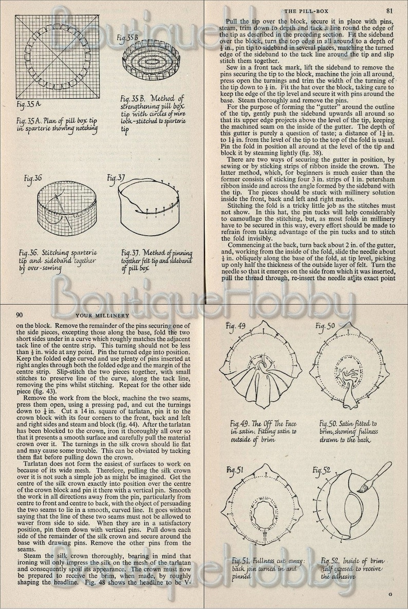 May include: Vintage millinery guide page with diagrams illustrating the construction of a pillbox hat. Includes diagrams for stitching, pinning, and shaping the hat, with detailed instructions and measurements in inches.
