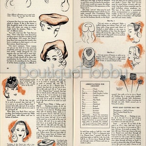 May include: A vintage illustration of a woman wearing a red beret. The illustration is from a book about crocheting hats. The text in the image includes instructions for crocheting a Dutch cap and a four-leaf clover hat pin.