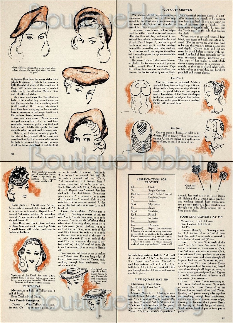 May include: A vintage illustration of a woman wearing a red beret. The illustration is from a book about crocheting hats. The text in the image includes instructions for crocheting a Dutch cap and a four-leaf clover hat pin.