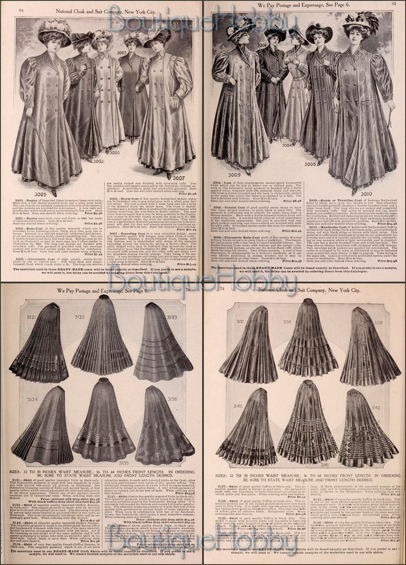 May include: A vintage catalog page featuring women's coats and skirts. The coats are long and have a variety of styles, including double-breasted and single-breasted. The skirts are full and have pleats. The catalog page includes product numbers and prices.