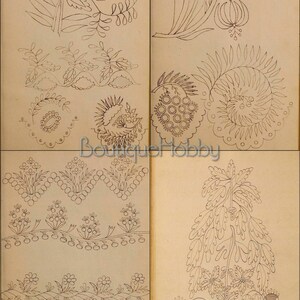 May include: A vintage book page with black and white line drawings of floral embroidery patterns. The page is divided into four sections, each featuring a different design. The designs include a flower with a stem and leaves, a vine with flowers, a border with flowers and leaves, and a large flower with a stem and leaves.
