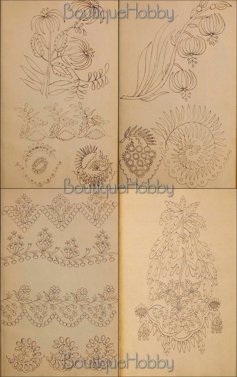May include: A vintage book page with black and white line drawings of floral embroidery patterns. The page is divided into four sections, each featuring a different design. The designs include a flower with a stem and leaves, a vine with flowers, a border with flowers and leaves, and a large flower with a stem and leaves.