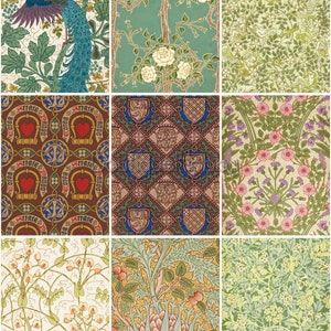 Peut inclure: Un collage de neuf motifs floraux et g&eacute;om&eacute;triques vintage diff&eacute;rents. Les motifs repr&eacute;sentent des paons, des roses, des boucliers, des c&oelig;urs et d'autres motifs. Les motifs sont de diff&eacute;rentes couleurs, notamment le vert, le bleu, le rouge, le jaune et le marron.