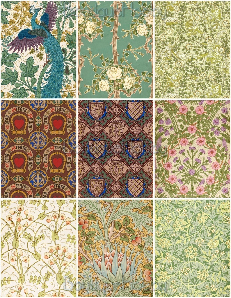 Peut inclure: Un collage de neuf motifs floraux et g&eacute;om&eacute;triques vintage diff&eacute;rents. Les motifs repr&eacute;sentent des paons, des roses, des boucliers, des c&oelig;urs et d'autres motifs. Les motifs sont de diff&eacute;rentes couleurs, notamment le vert, le bleu, le rouge, le jaune et le marron.