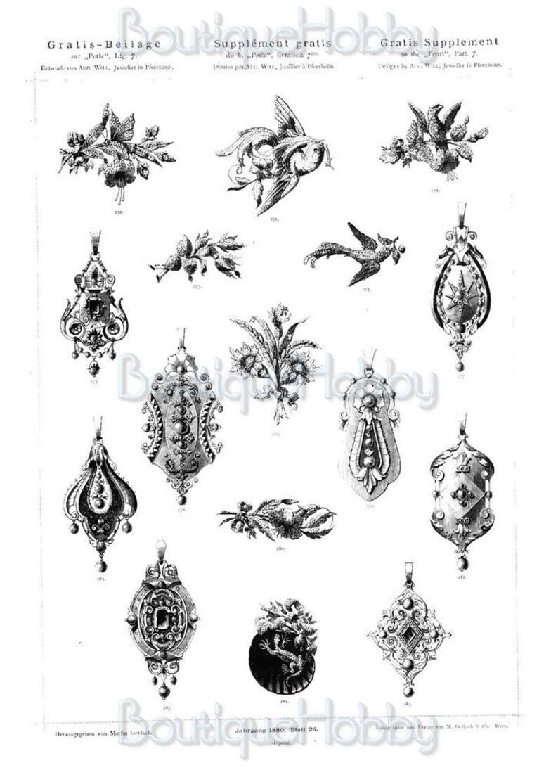 Op de afbeelding: Een zwart-witte illustratie van 12 verschillende hangerontwerpen. De hangers tonen verschillende florale, dierlijke en geometrische motieven. De ontwerpen zijn ingewikkeld en gedetailleerd en tonen het vakmanschap van die tijd.