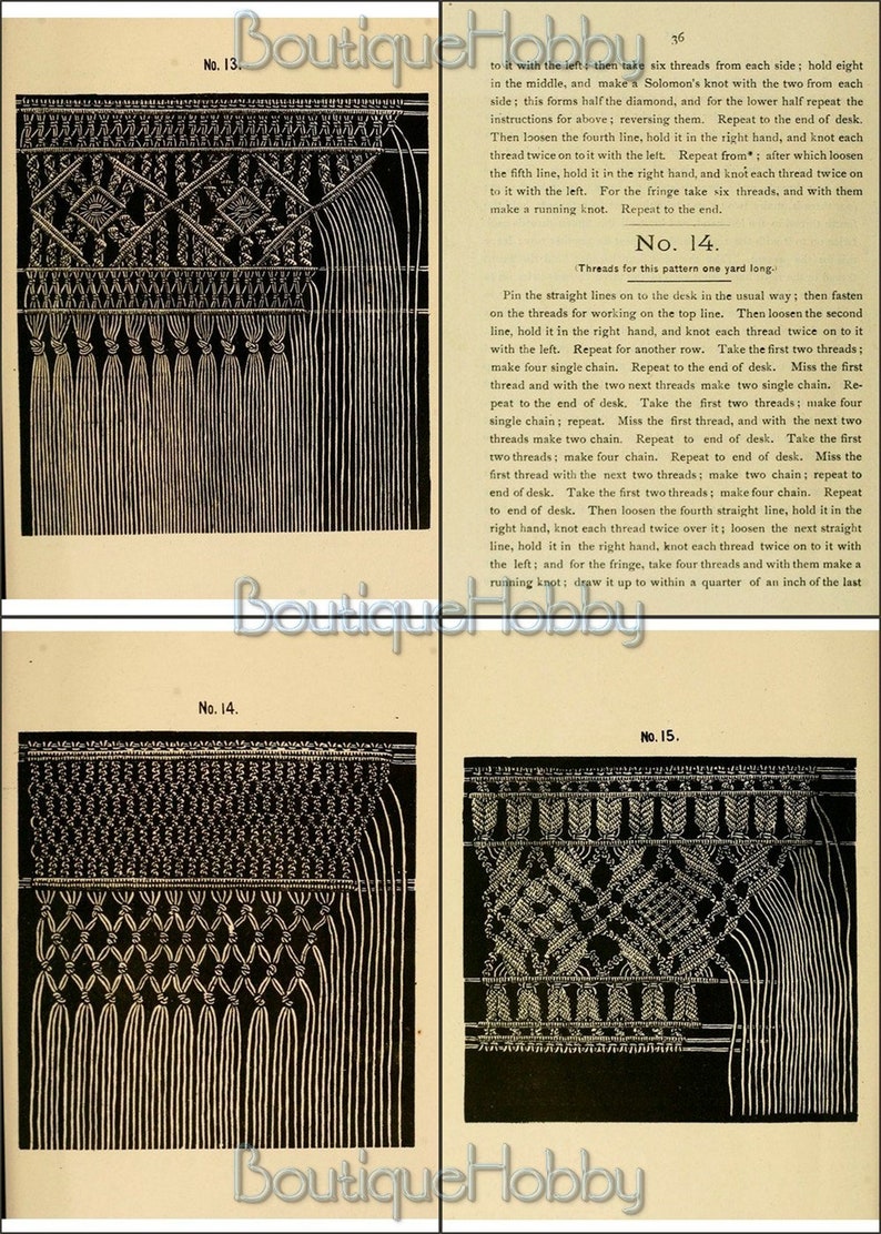 May include: A black and white illustration of a macrame pattern with instructions for making the pattern. The instructions include the text "No. 14. Threads for this pattern one yard long."