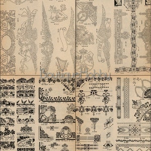 May include: A page from a vintage stencil book featuring a variety of black and white designs. The designs include floral patterns, geometric shapes, and stylized animals. The page is numbered 191 and 192. The book is titled "Boutique Hobby".