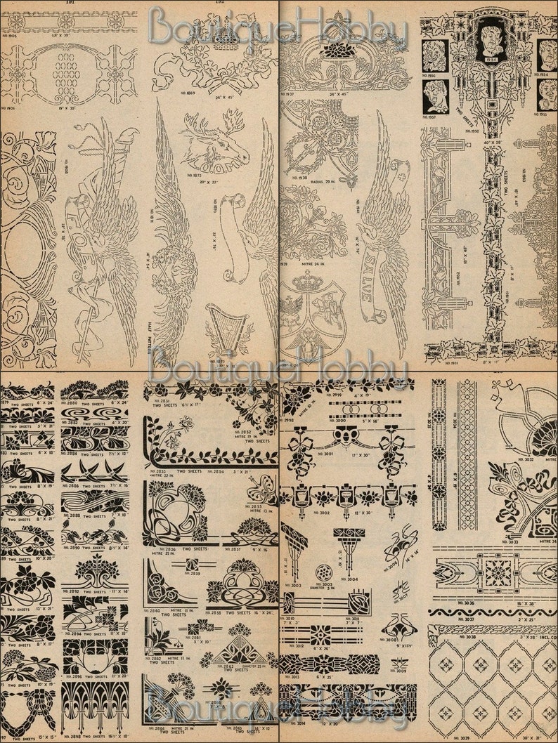 May include: A page from a vintage stencil book featuring a variety of black and white designs. The designs include floral patterns, geometric shapes, and stylized animals. The page is numbered 191 and 192. The book is titled "Boutique Hobby".