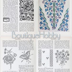 K&ouml;nnte beinhalten: Ein Vintage-Stickbuch mit Illustrationen von Blumen- und Tiermotiven. Das Buch enth&auml;lt detaillierte Anleitungen zum Erstellen verschiedener Stickmuster, darunter Kettenstich, Knopflochstich und Frontig&uuml;rce-Stich.