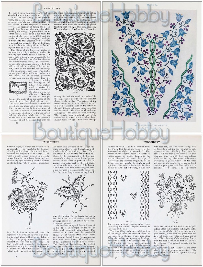 K&ouml;nnte beinhalten: Ein Vintage-Stickbuch mit Illustrationen von Blumen- und Tiermotiven. Das Buch enth&auml;lt detaillierte Anleitungen zum Erstellen verschiedener Stickmuster, darunter Kettenstich, Knopflochstich und Frontig&uuml;rce-Stich.