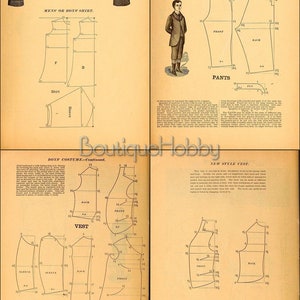 May include: A vintage sewing pattern for a boy's costume, featuring a vest, coat, pants, and shirt. The pattern includes detailed diagrams and measurements for each piece of clothing.