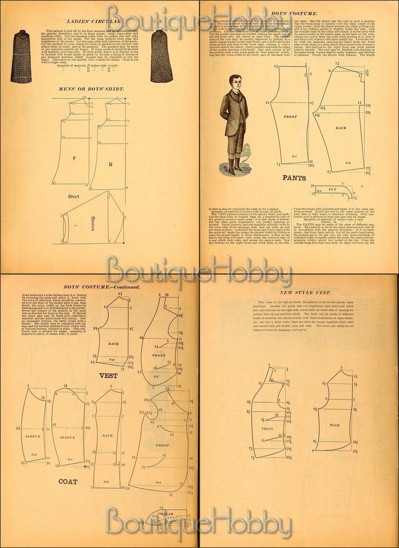 May include: A vintage sewing pattern for a boy's costume, featuring a vest, coat, pants, and shirt. The pattern includes detailed diagrams and measurements for each piece of clothing.