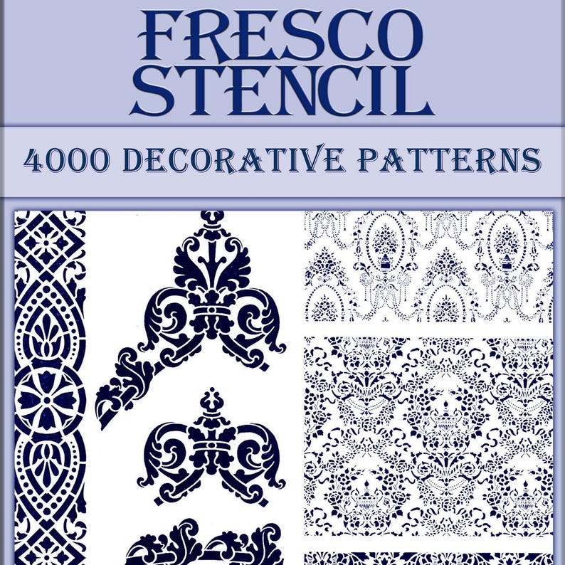 May include: A set of four decorative stencils featuring intricate, repeating patterns in a dark blue color. The stencils are designed for use with paint or other mediums to create decorative designs on walls, furniture, or other surfaces. The text "Fresco Stencil" and "4000 Decorative Patterns" is visible at the top of the image.