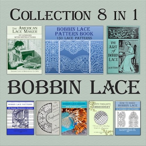 Könnte beinhalten: Eine Sammlung von acht alten Büchern über Klöppelspitze mit Titeln wie "The American Lace Maker", "Bobbin Lace Pattern Book", "The Art of Bobbin Lace", "Bobbin Lace Patterns", "Bobbin Lace Making", "Punto Tagliato Embroidery" und "How to Make Bobbin Lace".