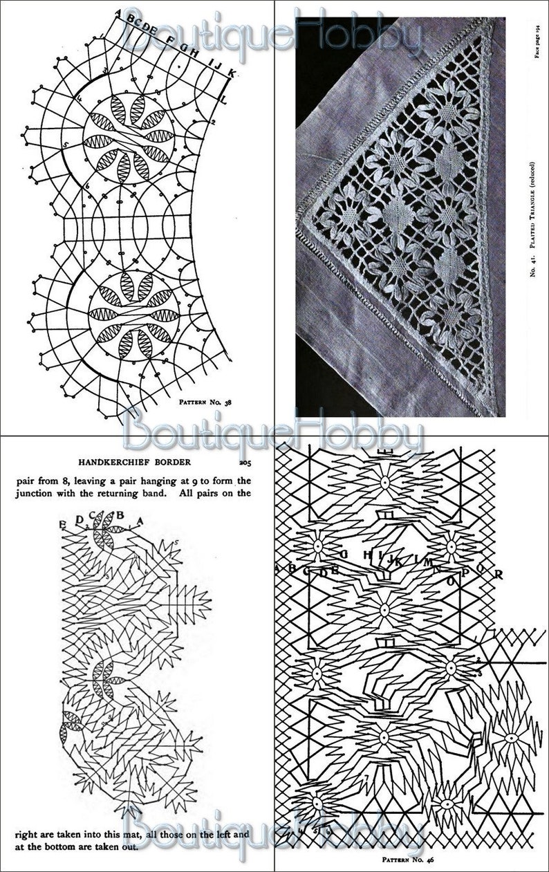 Puede incluir: Un diagrama en blanco y negro de un patr&oacute;n de ganchillo para un borde de pa&ntilde;uelo. El patr&oacute;n est&aacute; etiquetado como "Handkerchief Border" y "Pattern No. 38".