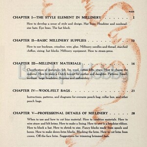 May include: A vintage book titled "Boutique Hobby" with a table of contents for chapters on millinery, including the style element, basic supplies, materials, wool-felt bags, professional details, and half-hats.