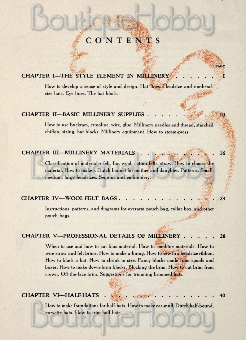 May include: A vintage book titled "Boutique Hobby" with a table of contents for chapters on millinery, including the style element, basic supplies, materials, wool-felt bags, professional details, and half-hats.