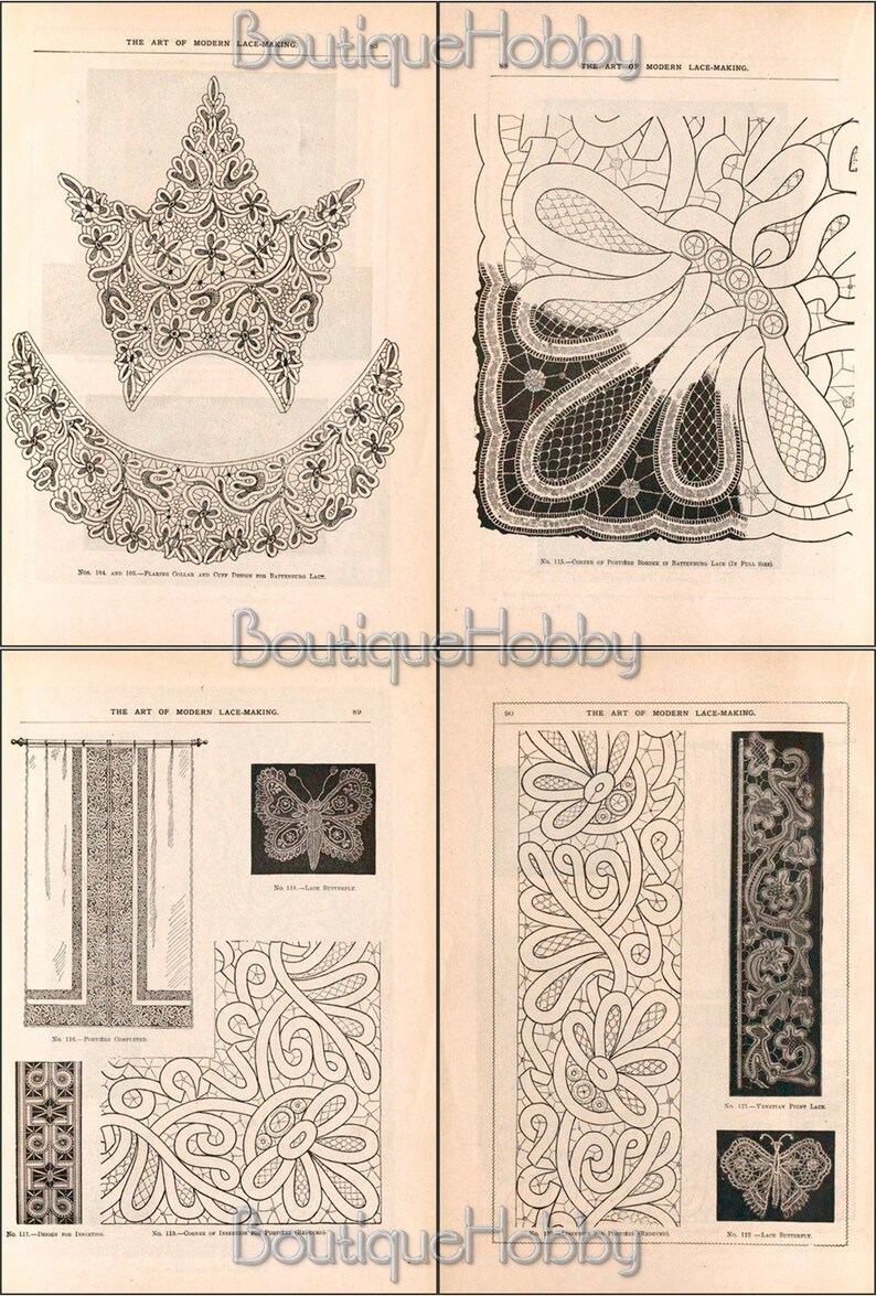 Puede incluir: Una p&aacute;gina de libro vintage con ilustraciones de patrones de encaje. El libro se titula "The Art of Modern Lace-Making". Las ilustraciones muestran diferentes tipos de encaje, incluyendo cuellos, bordes y mariposas.