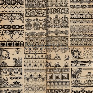 May include: A collection of 36 black and white stencil designs for borders and patterns. The designs feature a variety of floral, geometric, and abstract motifs. Each design is numbered and includes its width and length in inches.
