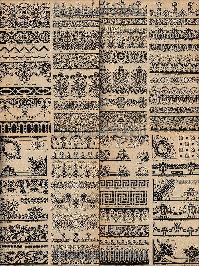 May include: A collection of 36 black and white stencil designs for borders and patterns. The designs feature a variety of floral, geometric, and abstract motifs. Each design is numbered and includes its width and length in inches.