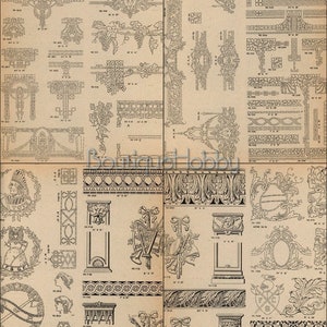 May include: A vintage sheet of black and white illustrations of decorative architectural elements. The sheet includes designs for borders, moldings, and other decorative details. The designs are labeled with numbers and measurements in inches.