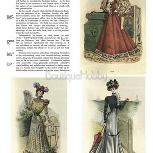 Może przedstawiać: Cztery ilustracje kobiet w r&oacute;żnych stylach mody z końca XIX wieku. Pierwsza ilustracja przedstawia kobietę w czerwonej sukni z dużym, falbaniastym kołnierzem. Druga ilustracja przedstawia kobietę w ż&oacute;łtej sukni z dużym, falbaniastym kołnierzem. Trzecia ilustracja przedstawia kobietę w białej sukni z dużym, falbaniastym kołnierzem. Czwarta ilustracja przedstawia kobietę w czarno-białej, pasiastych sukni z dużym, falbaniastym kołnierzem.