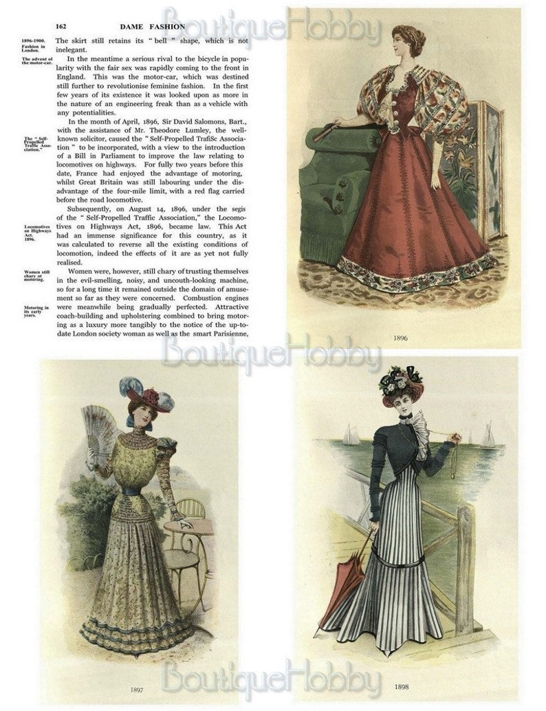 Może przedstawiać: Cztery ilustracje kobiet w r&oacute;żnych stylach mody z końca XIX wieku. Pierwsza ilustracja przedstawia kobietę w czerwonej sukni z dużym, falbaniastym kołnierzem. Druga ilustracja przedstawia kobietę w ż&oacute;łtej sukni z dużym, falbaniastym kołnierzem. Trzecia ilustracja przedstawia kobietę w białej sukni z dużym, falbaniastym kołnierzem. Czwarta ilustracja przedstawia kobietę w czarno-białej, pasiastych sukni z dużym, falbaniastym kołnierzem.
