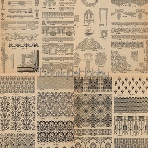 May include: A vintage sheet of black and white design patterns for crafts. The sheet includes borders, corners, and repeating patterns. The patterns are numbered and labeled with dimensions in inches.