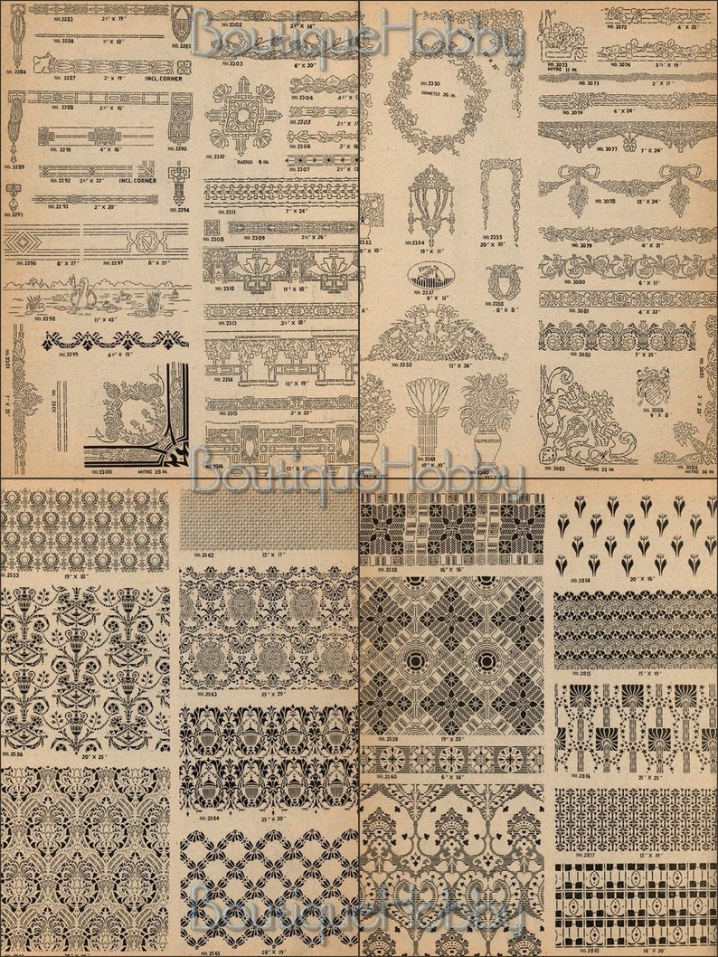 May include: A vintage sheet of black and white design patterns for crafts. The sheet includes borders, corners, and repeating patterns. The patterns are numbered and labeled with dimensions in inches.