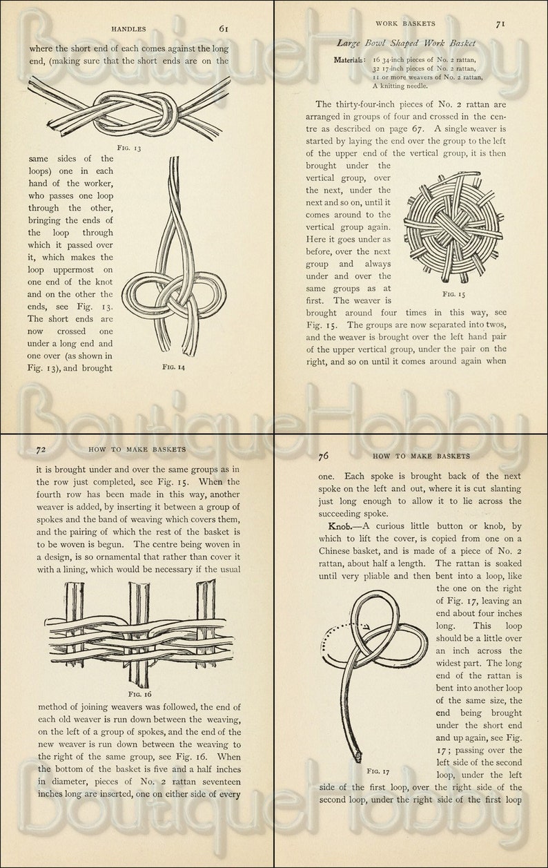 May include: A detailed illustration showing how to make a woven basket using rattan. The image shows the steps involved in weaving the rattan, including the use of a weaver and the pairing of spokes. The text in the image reads "How to Make Baskets".