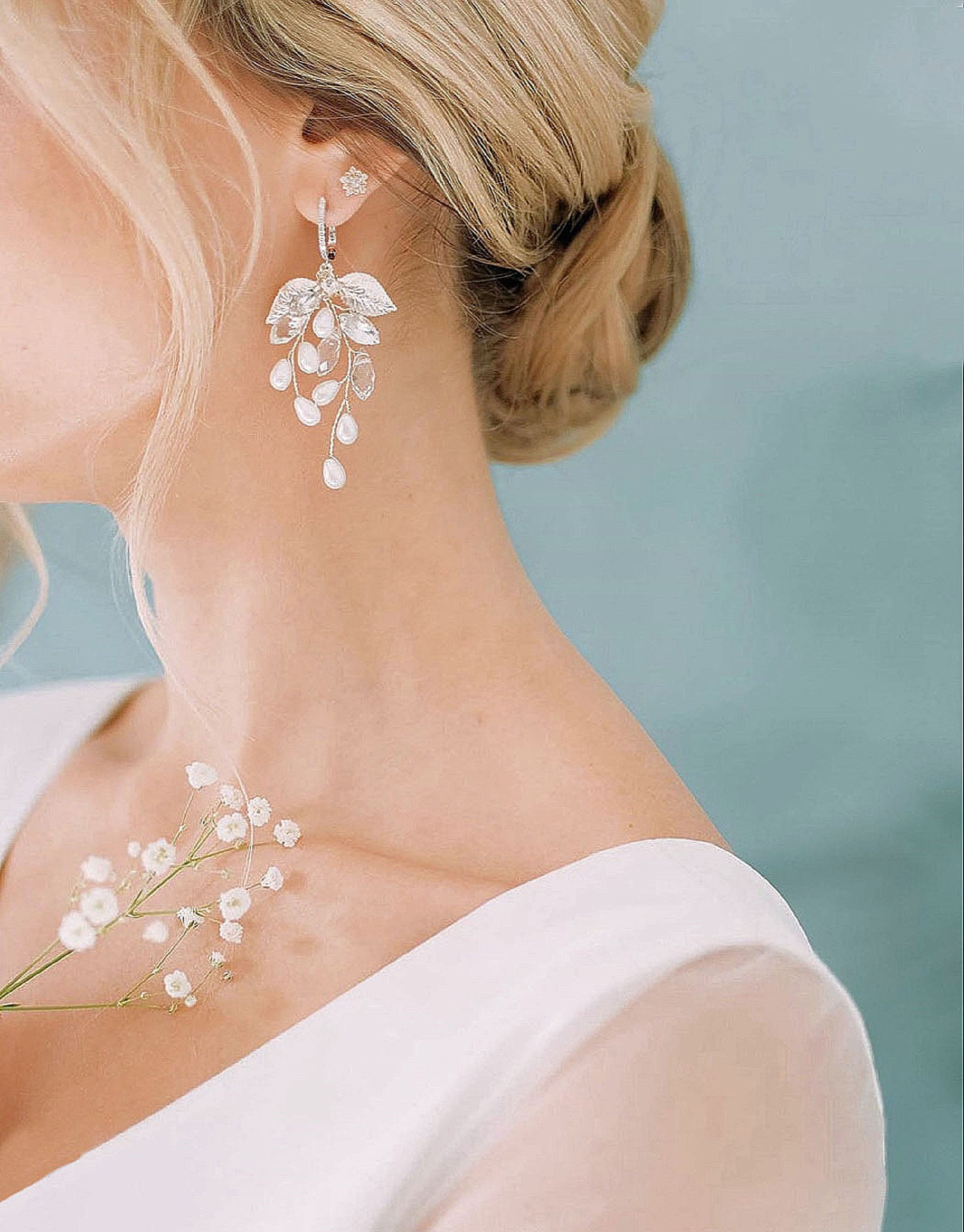 Floral bridal earrings Bridal branch earrings Silver Etsy