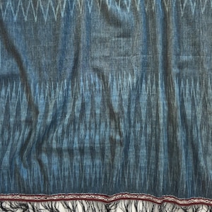 Könnte beinhalten: Ein blauer und schwarzer Ikat-Stoff mit Fransenbordüre. Der Stoff hat ein traditionelles gewebtes Muster.
