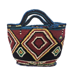 Vintage Moroccan Berber Bread Basket, Amazigh Wool Tea Basket, Geometric Boho Home Decor