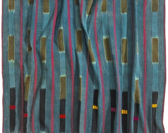 Vintage African Baule Cloth, Indigo Cote d&#39;Ivoire Textile, Boho Blue Tie Dye Throw, Stripe Tribal Cotton Shawl