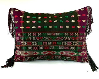 Vintage Indonesian Batak Ulos Cushion, Sumatra Dark Purple Pillow, Ethnic Interior Decor
